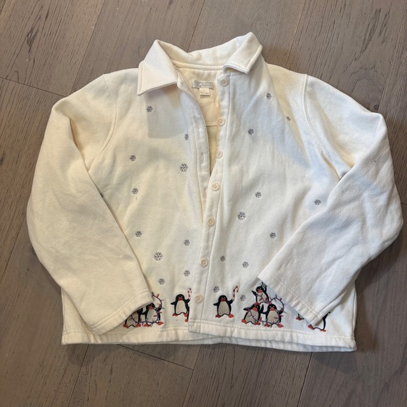 Christopher & Banks Sweaters - VTG Christopher & Banks W Lg Cream Penguin Embroidered Fleece Cardigan Jacket
